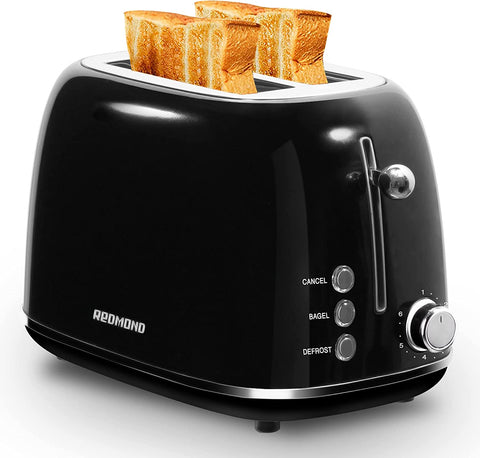 REDMOND 2 Slice Toaster Retro Stainless Steel Toaster with Bagel, Cancel, Defrost Function and 6 Bread Shade Settings Bread Toaster, Extra Wide Slot and Removable Crumb Tray, Black, ST028