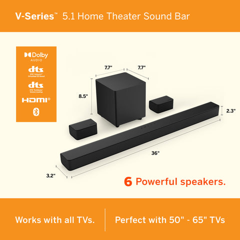 VIZIO V-Series 5.1 Home Theater Sound Bar with DTS Virtual:X, Bluetooth, HDMI ARC V51x-J6